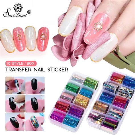 Saviland Uv Nail Art Sticker Holographic Nail Foil Set Nail Gel