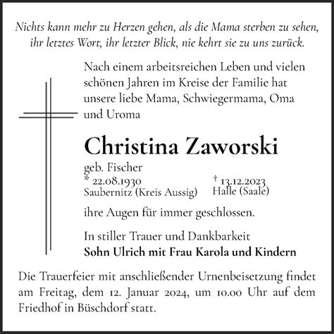 Traueranzeigen Von Christina Zaworski Abschied Nehmen De