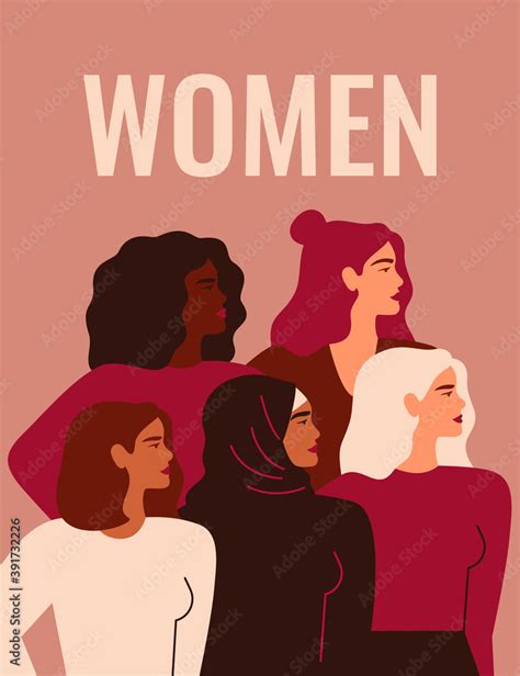 Womens Day Card Five Strong Girls Of Different Cultures And