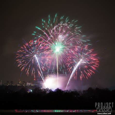 Fireworks Are Lit Up In The Night Sky Above Trees And Water With