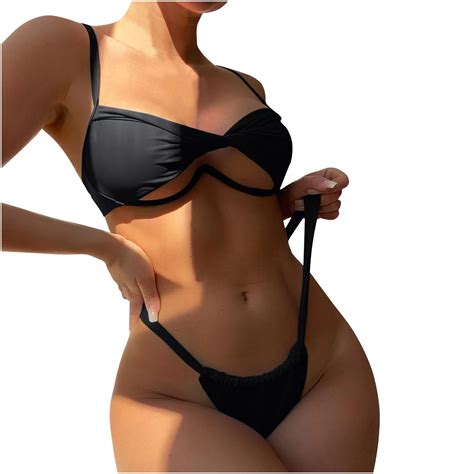 Fesfesfes Women Bikini Set Solid Color High Waist Cut Thong Bottom