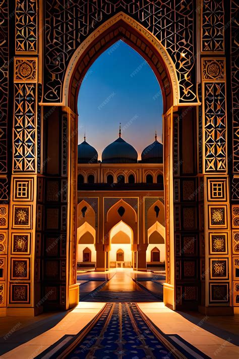 Premium AI Image | Islamic background of a domed mosque seen through an ornate door at night