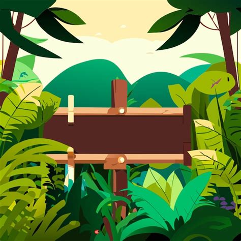 Jungle Nature With Blank Wood Sign Board Vector Illustration Premium