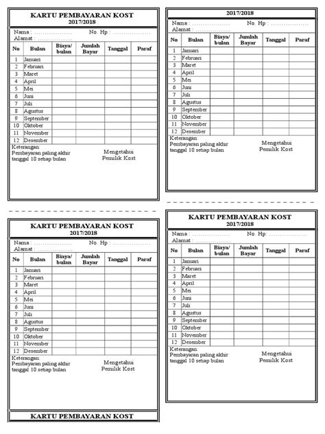 Kartu Pembayaran Kost Pdf