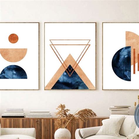 Abstract Wall Art Blue Orange And Gold Set Of 3 Printable Etsy