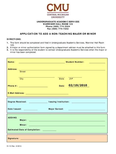Fillable Online Cmich Application To Add A Non Teaching Major Or Minor