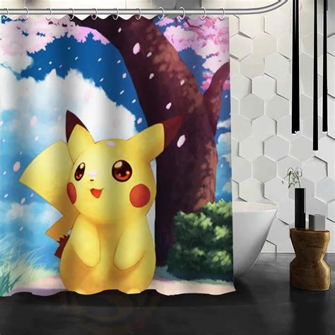 Custom Pokemon Pikachu Waterproof Fabric Bath Shower Curtain Mildewproof Polyester Bathroom Free