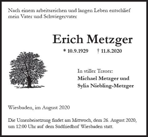 Traueranzeigen Von Erich Metzger Vrm Trauer De