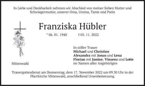 Traueranzeigen Von Franziska H Bler Trauer Merkur De