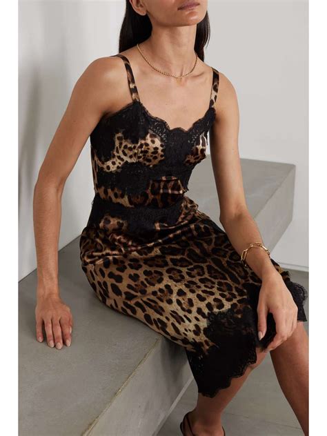 Dolce Gabbana Lace Trimmed Leopard Print Silk Blend Satin Midi Dress