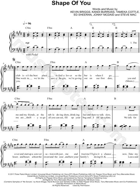 Ed Sheeran Shape Of You Sheet Music Easy Piano In C Minor Download And Print Sku Mn0170914