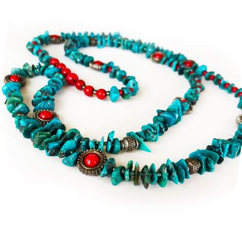 Genuine Turquoise Green And Red Beautiful Beaded Long Necklace