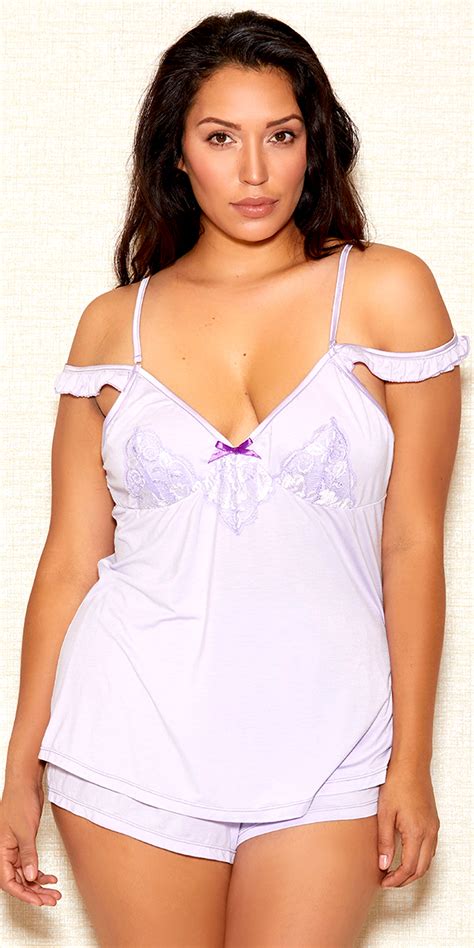 Plus Size Lilac Off The Shoulder Cami And Shorts Set Women S Lingerie