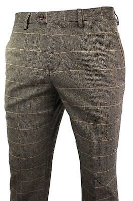 Mens Vintage Tweed Check Trouser Herringbone Tan Brown Slim Fit Regular