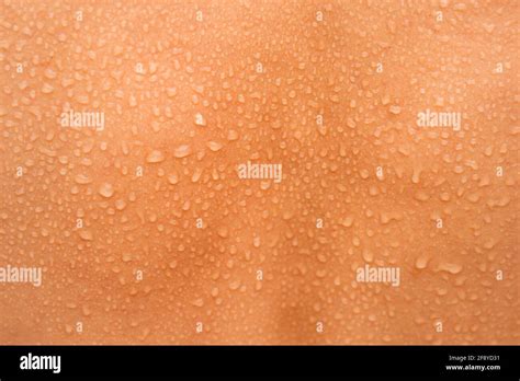 Water drops on the woman back skin. Human skin and sweat. Close up of ...