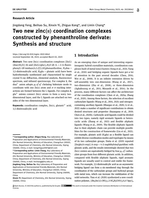 Pdf Two New Zinc Ii Coordination Complexes Constructed By