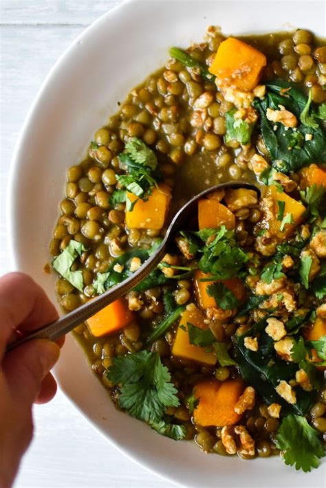 Butternut Squash Lentil Soup With Cilantro Walnuts And Lime Juice