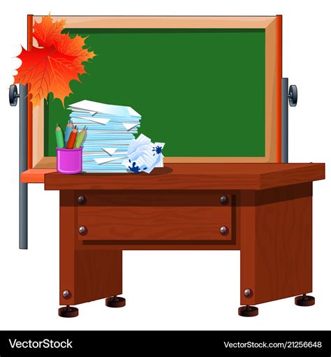 Teachers Desk And Chalkboard With Space Royalty Free Vector