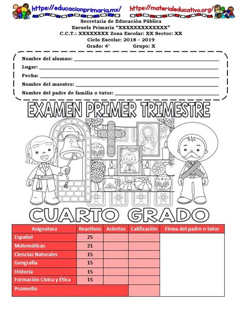 Examen Del Primer Trimestre Del Cuarto Grado Del Ciclo Escolar 2018 2019 Con Respuestas