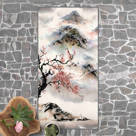 Teppich Japanische Aquarell Zeichnung Kirschbaum Und Berge