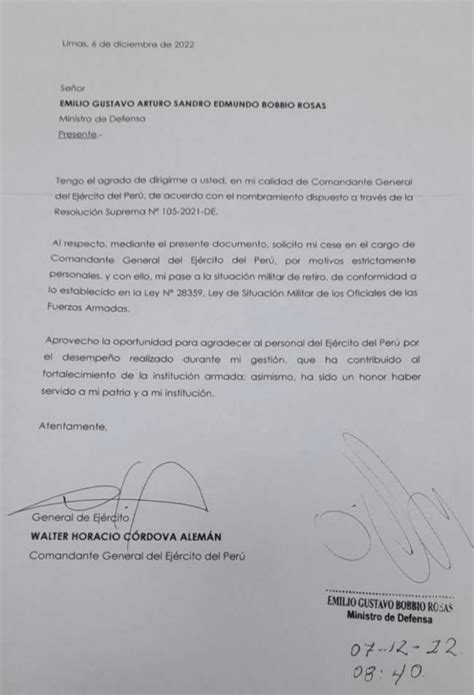 Walter Córdova Comandante General Del Ejército Presentó Su Carta De Renuncia Antes Del