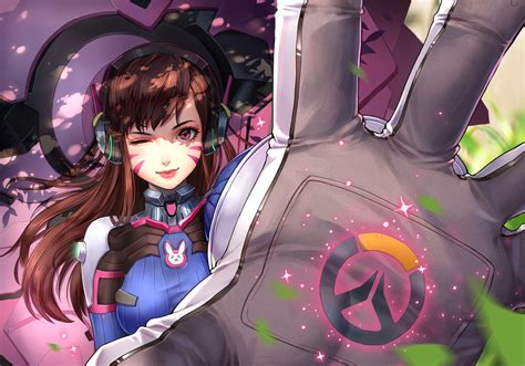 Brunette D Va Overwatch Anime Girls Pink Eyes Headphones Anime