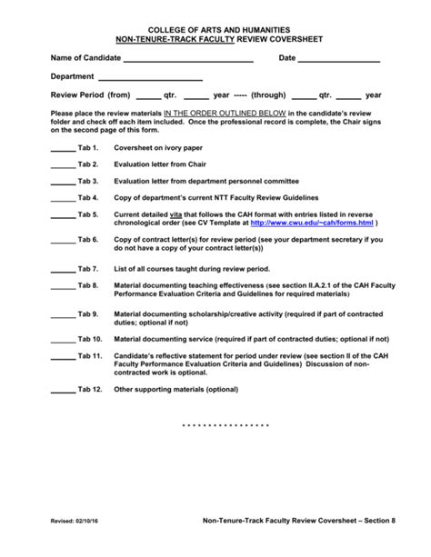 Non Tenure Track Faculty Review Coversheet