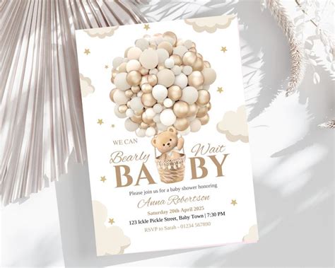 Editable Teddy Bear Hot Air Balloon Bear Theme Baby Shower Invitation We Can Bearly Wait Invites