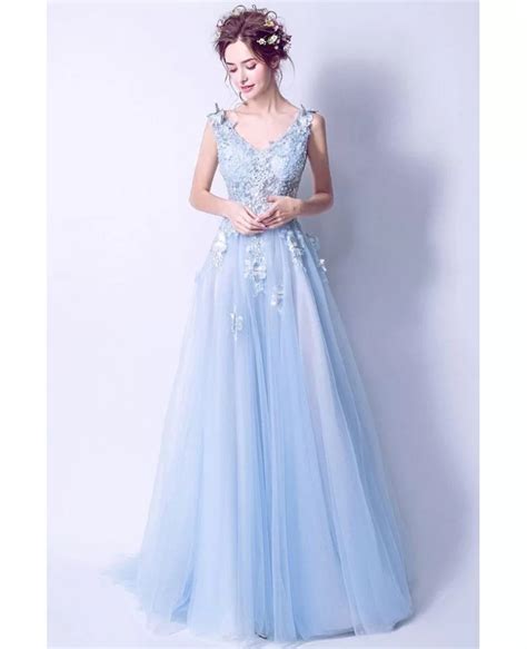 Elegant Light Blue V Neck Prom Dress Long With Butterfly Lace Beading