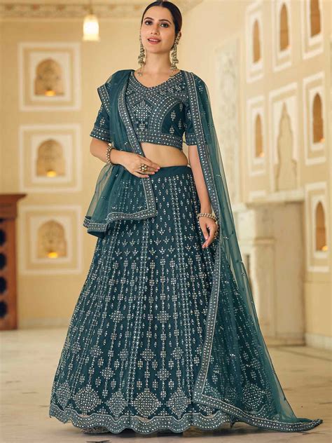 Blue Mirror Work Lehenga Choli In Net