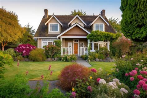 Cozy House Exterior With Lush Green Lawn And Blooming Flowers Stock