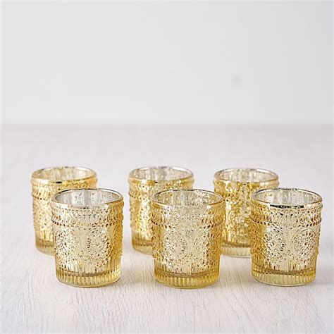 Balsacircle 6 Pieces 3 Gold Metallic Primrose Design Mercury Glass Votive Candle Holders