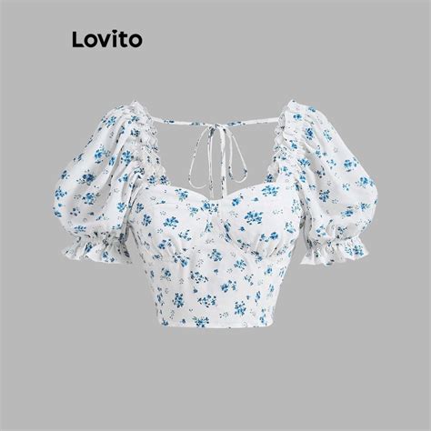 Lovito Women Casual Ditsy Floral Lettuce Trim Puff Sleeve Blouse