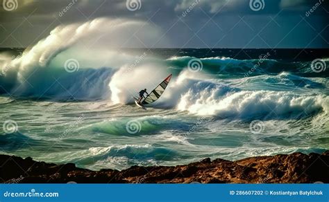 Man Riding Surfboard On Top Of Wave In The Ocean Stock Photo Image Of