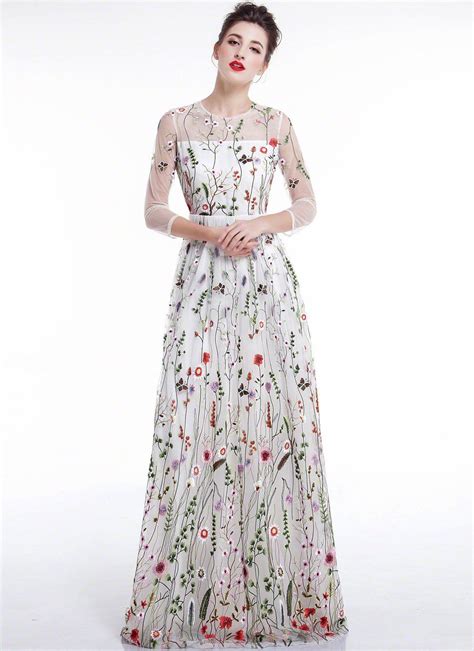 White Tulle Colorful Floral Embroidery Whimsical Maxi Evening Dress