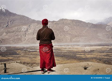 Tibetan Monk Pilgrim People Stand On Cliff Diskit Monastery Galdan