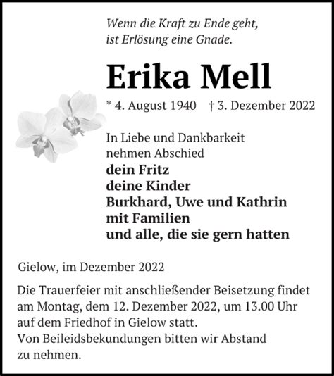 Traueranzeigen Von Erika Mell Trauer Nordkurier