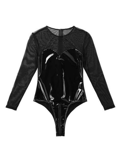 Sexy Women One Piece High Cut Bodysuit Wet Look Leather Jumpsuit Teddy