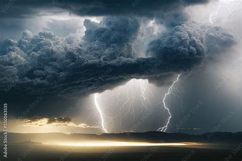 Dark Storm Cloud And Lightning Over Fields With The Sun Peeking Through