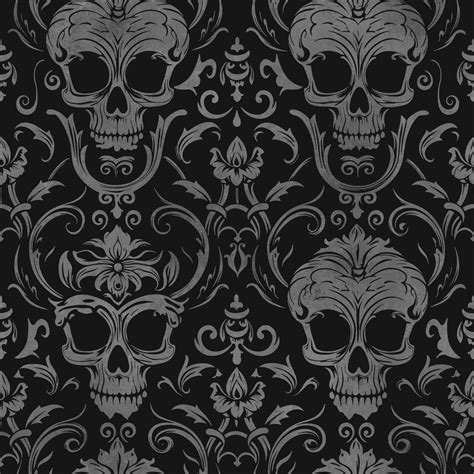 Dark Gothic Elegance Skull Damask Pattern Black Grey Wallpaper Free