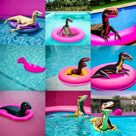 A Velociraptor Sitting On A Pink Pool Floatie Inside Stable Diffusion