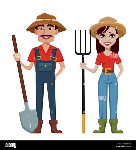 Farmers Man And Woman Cartoon Characters Set Beautiful Lady