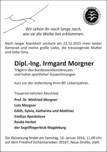 Traueranzeigen Von Dipl Ing Irmgard Morgner Abschied Nehmen De