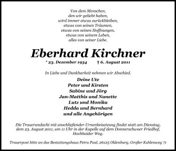 Traueranzeigen Von Eberhard Kirchner Nordwest Trauer De