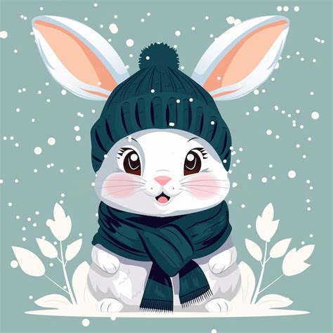 Un Joli Lapin De Dessin Animé Sympathique Dans Un Chapeau Chaud Et Une