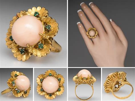 Floral Angel Skin Coral Cocktail Ring W Emerald Accents 18K Gold