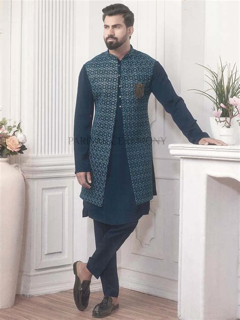 Blue Colour Party Wear Kurta Pajama Jacket In Imported Fabric