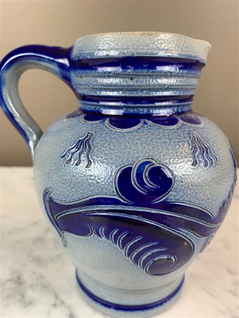 Vintage German Salt Glazed Pottery Pitcher In Stunning Cobalt Etsy