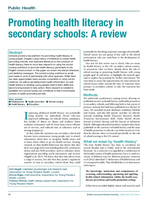 Pdf Promoting Health Literacy In Secondary Schools A Review