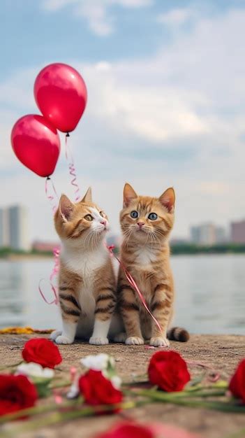 Premium Photo Two Cats With A Red Heart Balloon